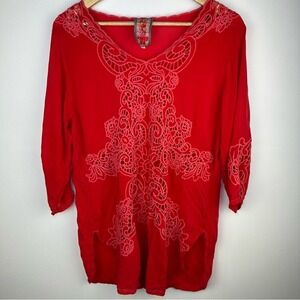 Johnny Was Arlene appliqué tunic top Red Women's Shirt Medium 3/4 Sleeve boho